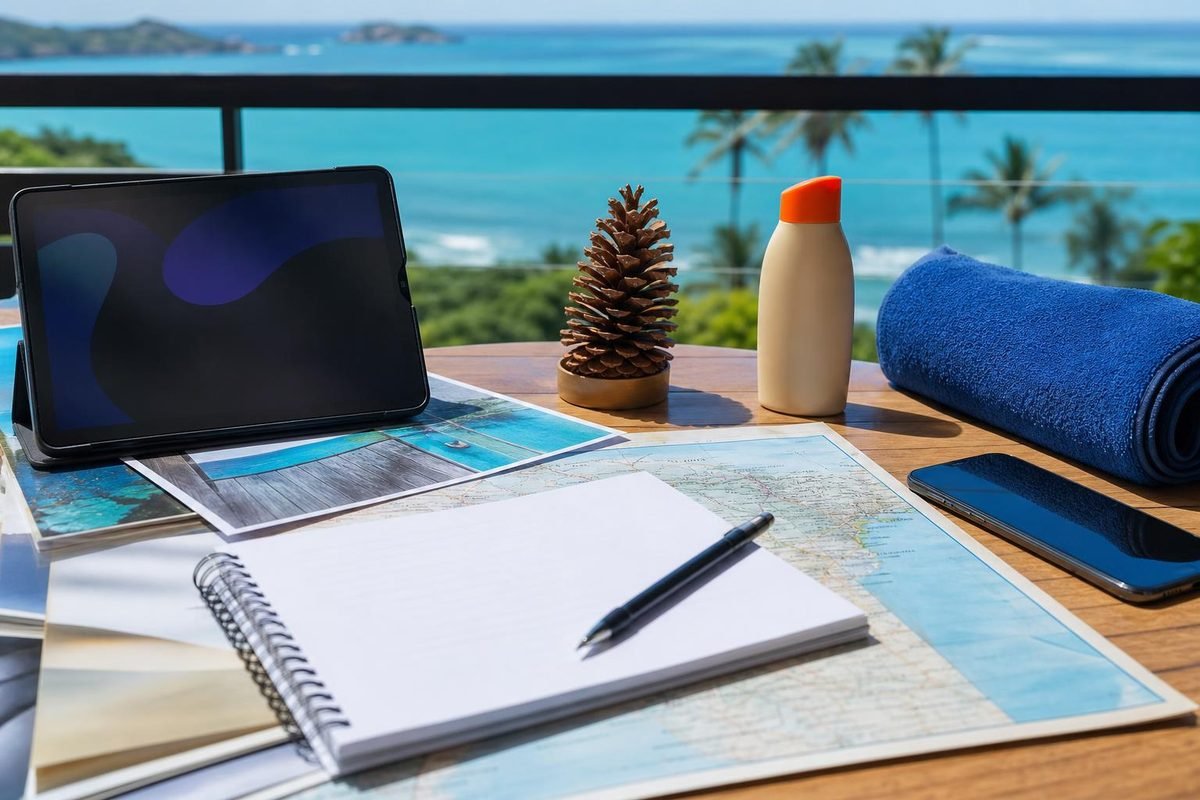 Mesa de hotel à beira-mar com tablet e itens de verão para planejar anúncios