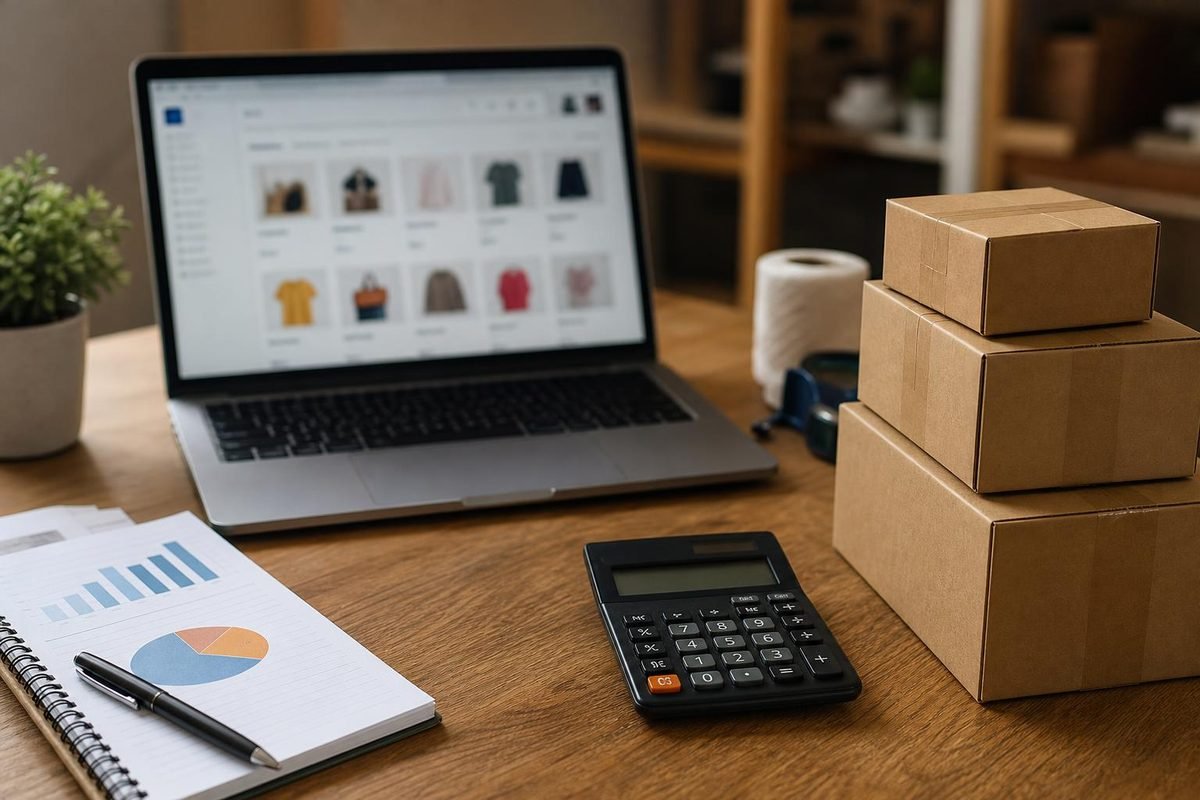 Mesa com notebook, calculadora e caixas de envio ao lado de gráfico de vendas