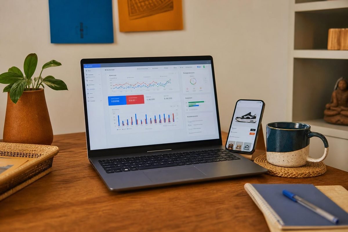 Mesa de home office com laptop, celular e gráficos de anúncios para remarketing