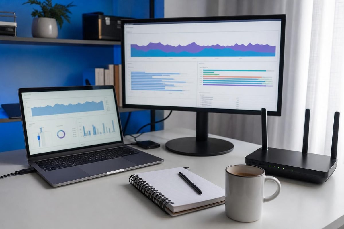 Mesa de escritório com laptop e gráficos de teste de carga, em tons claros e azuis.