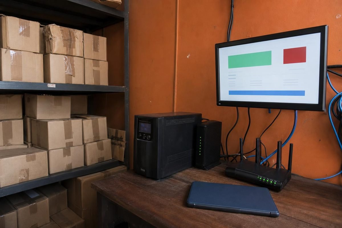 Depósito com caixas e equipamentos de internet de reserva para agir se o site cair.