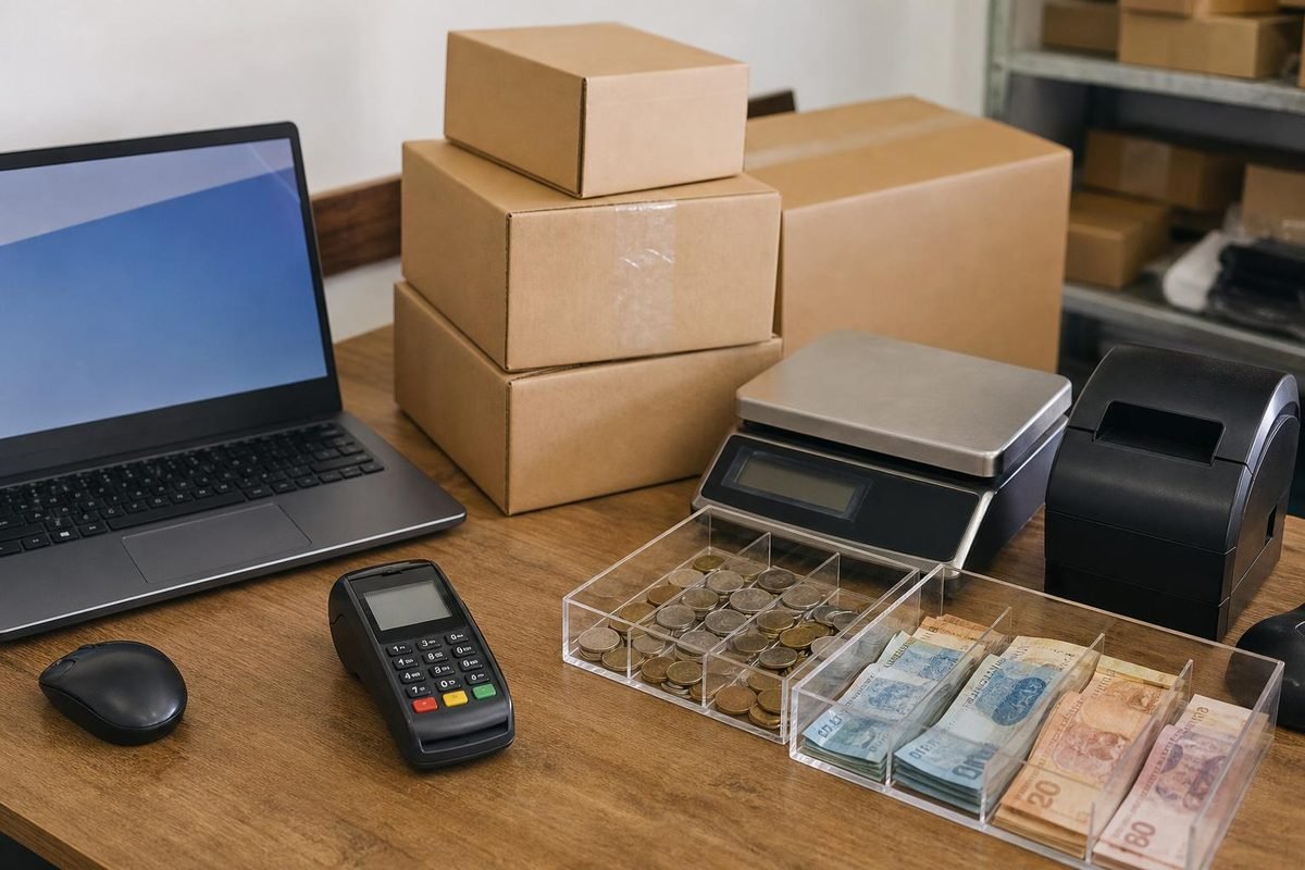 Mesa de e-commerce com caixas, maquininha e dinheiro separado em bandejas