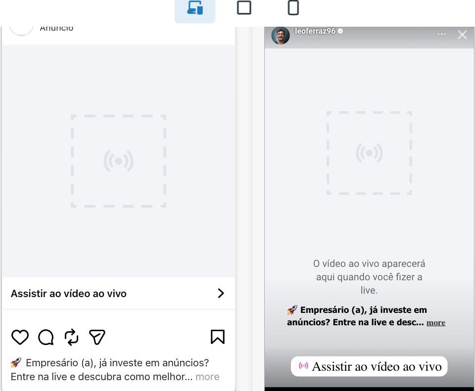 Prévia do anúncio de live no Instagram com o botão Assistir ao vídeo ao vivo