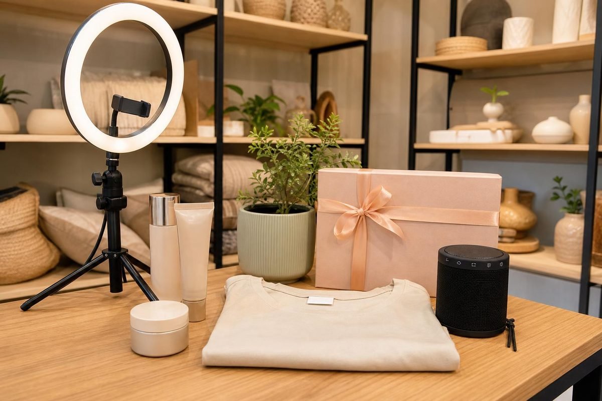 Produtos variados em loja, com itens visuais e prontos para demonstrar no TikTok.