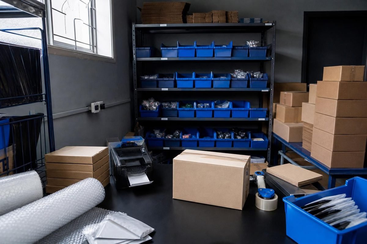 Estoque organizado e área de envios, mostrando operação pronta para vender.